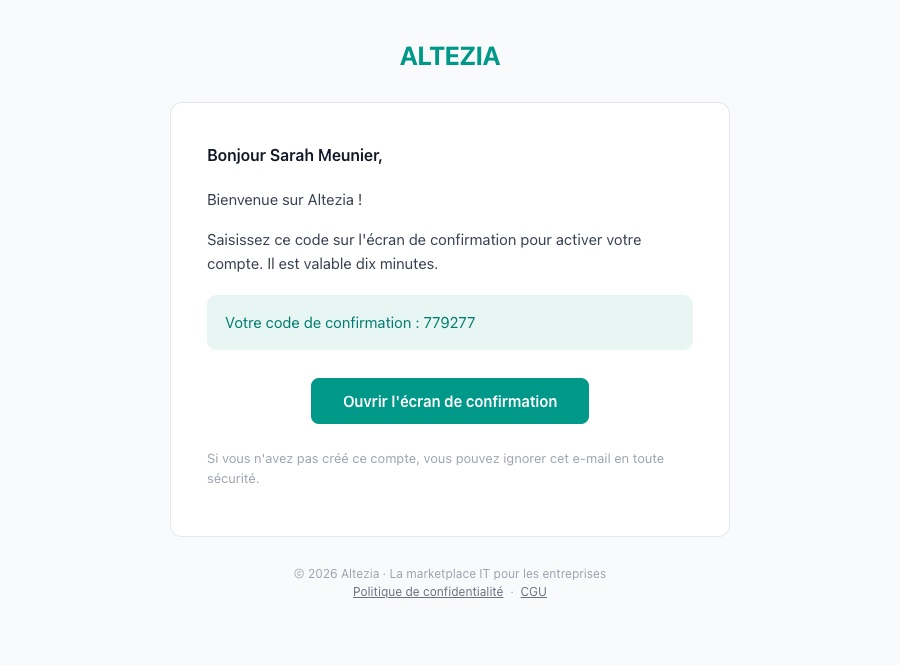 L'e-mail avec le code de confirmation