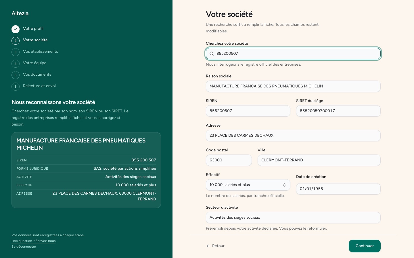 La fiche société remplie depuis le registre