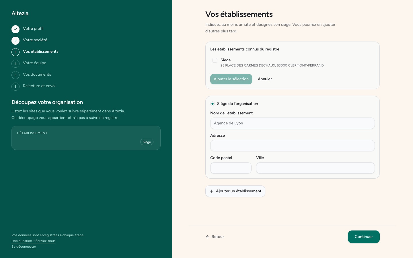 Les établissements proposés depuis le registre