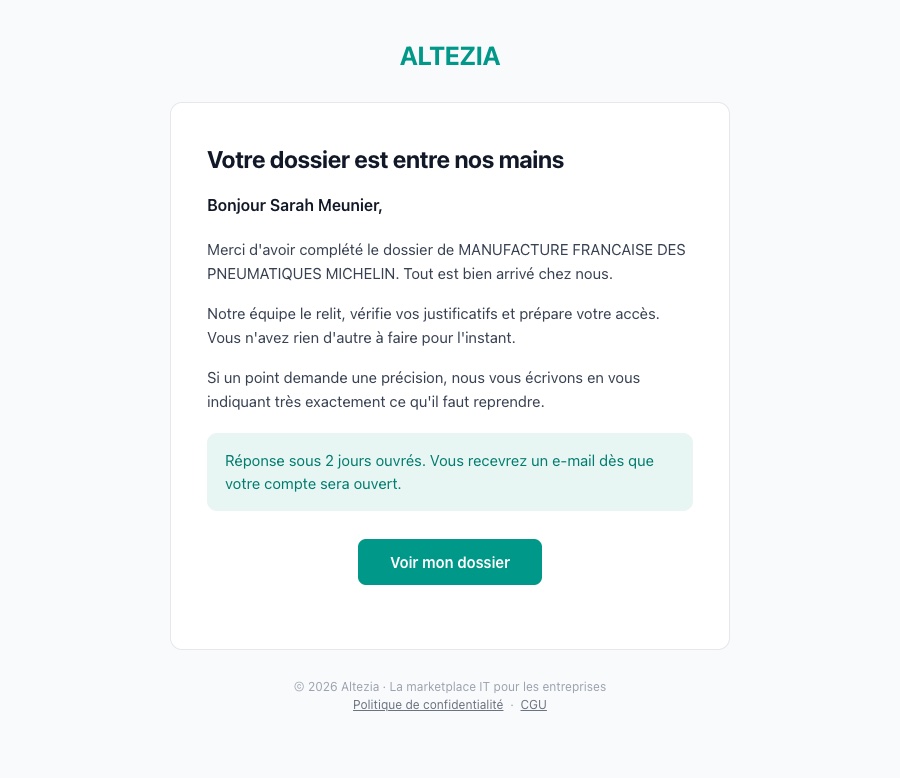 L'e-mail de confirmation d'envoi du dossier