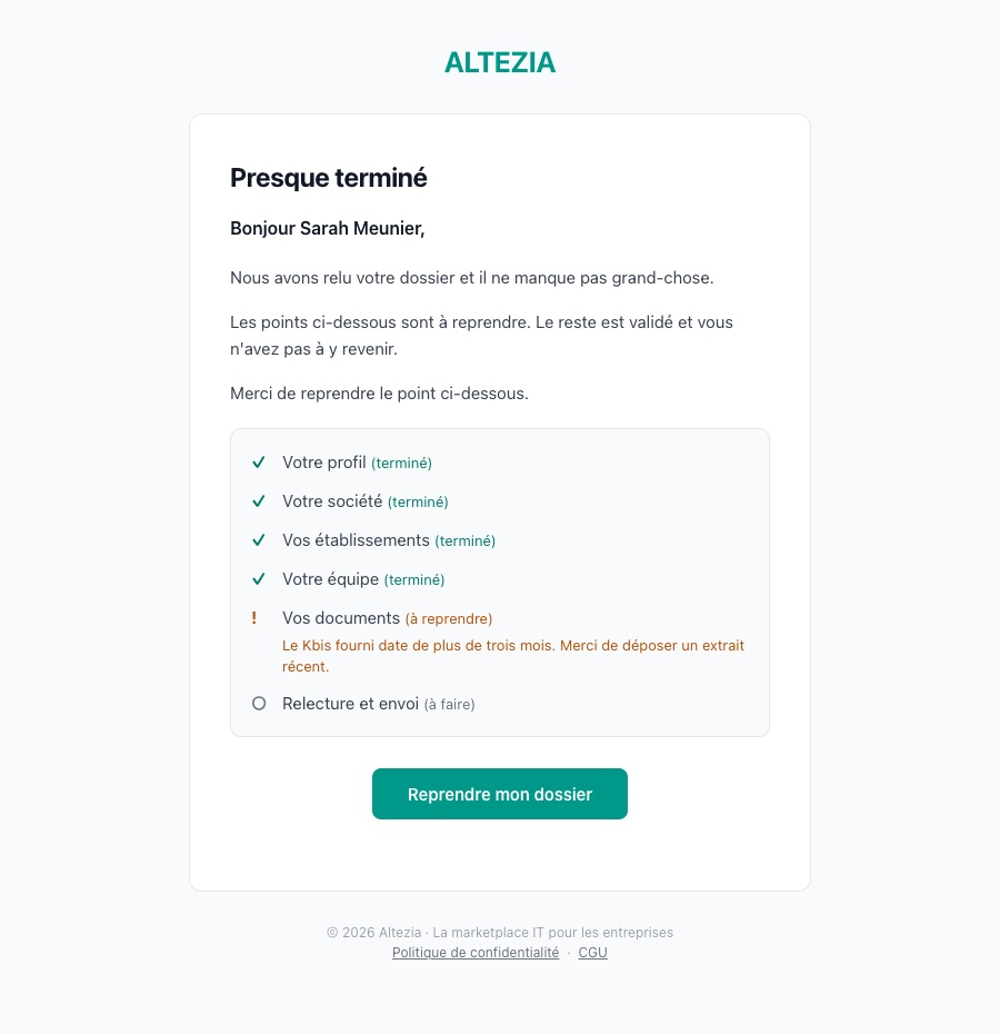 L'e-mail listant les points à reprendre