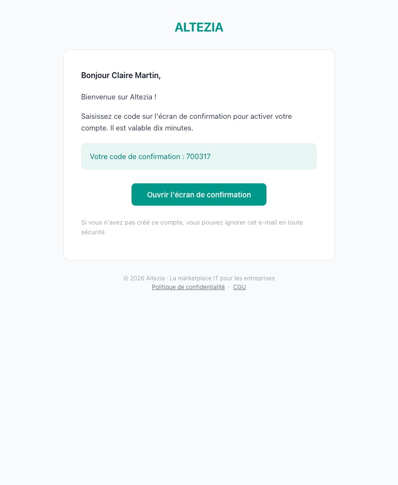 Le courrier portant le code de confirmation