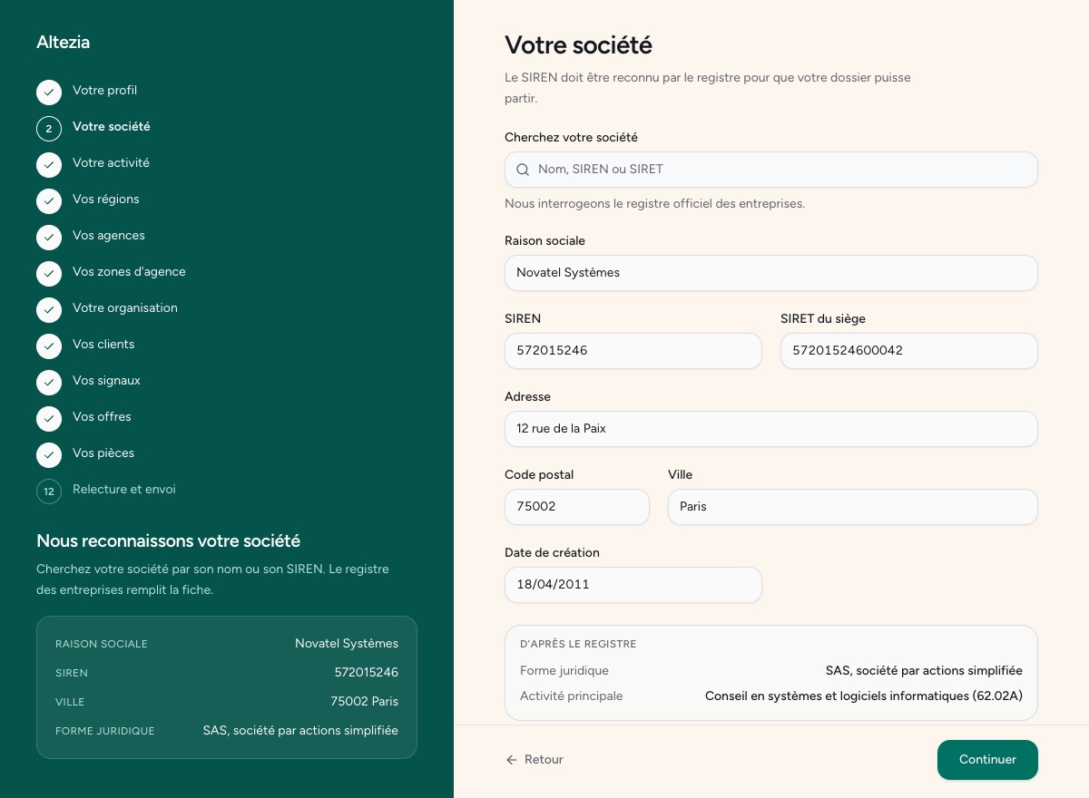 La fiche société remplie depuis le registre