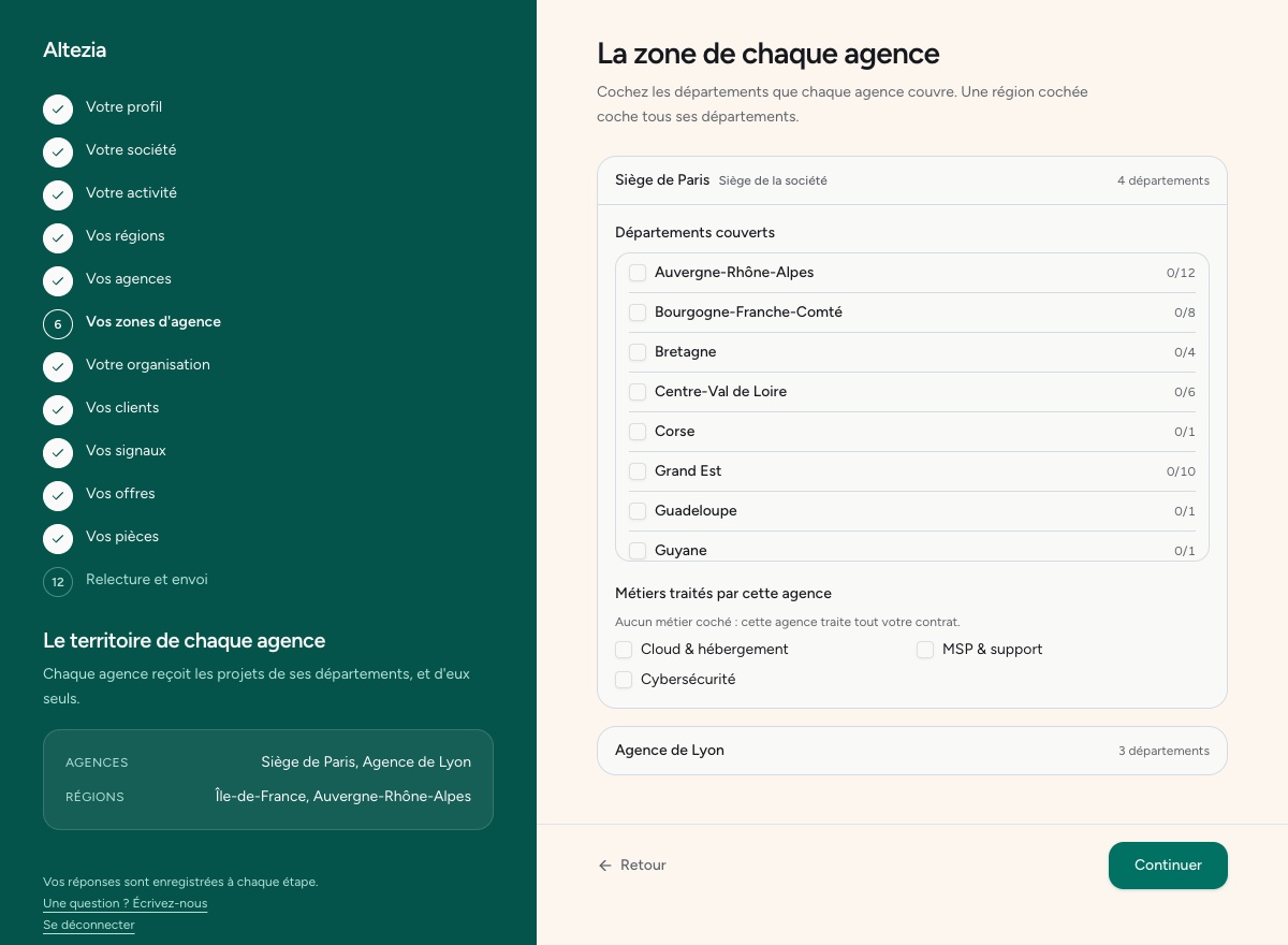 Les départements couverts par chaque agence